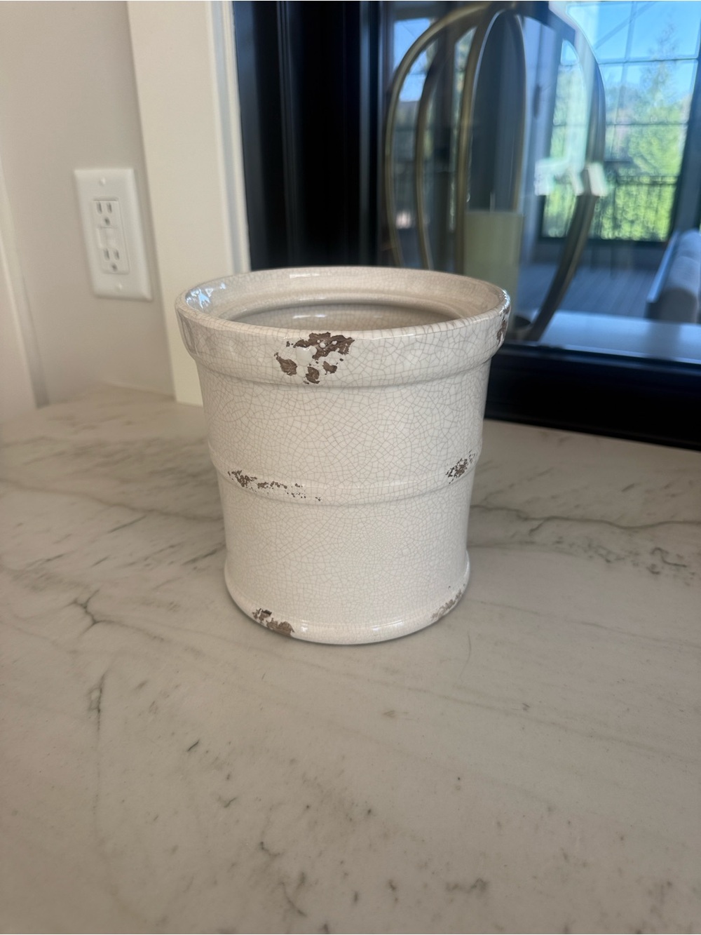 Williams Sonoma White Crackle Glaze Ceramic Crock with Distressed Accents